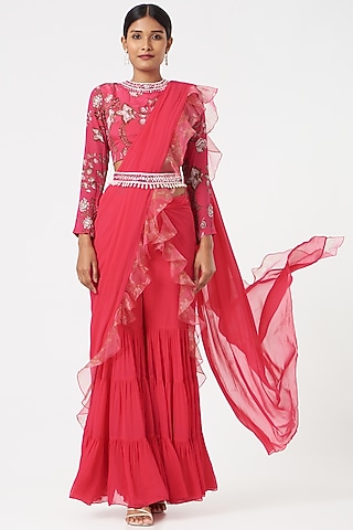 Hot Pink Sharara Saree Set With Attached Drape by Chhavvi Aggarwal