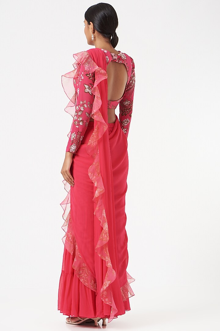 Hot Pink Sharara Party Wear Saree Set With Attached Drape by Chhavvi Aggarwal at Pernia's Pop Up Shop