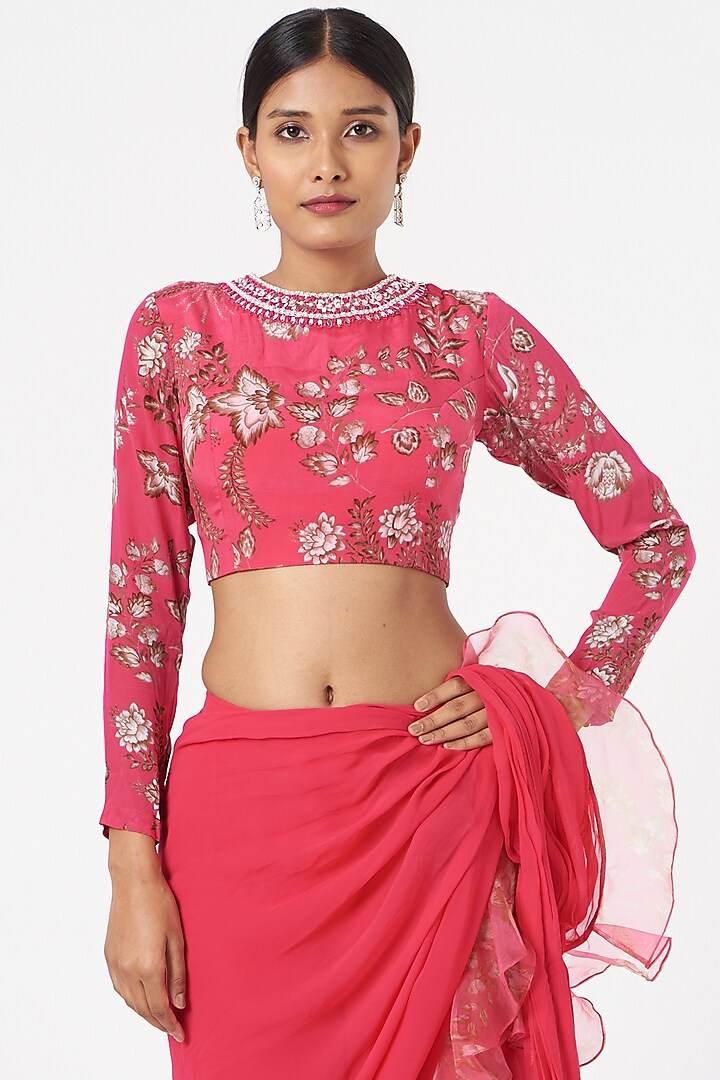 Hot Pink Sharara Party Wear Saree Set With Attached Drape by Chhavvi Aggarwal at Pernia's Pop Up Shop