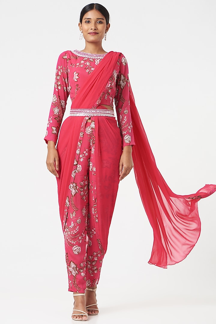 Hot Pink Crepe & Georgette Printed Pant Saree Set by Chhavvi Aggarwal at Pernia's Pop Up Shop