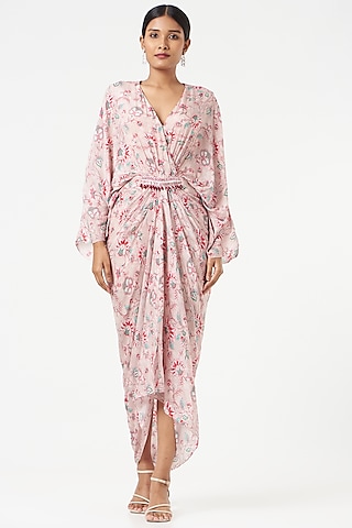 Nude Pink Printed Draped Dress by Chhavvi Aggarwal