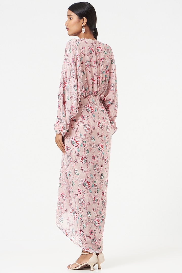 Nude Pink Printed Draped Vacation Dress by Chhavvi Aggarwal at Pernia's Pop Up Shop