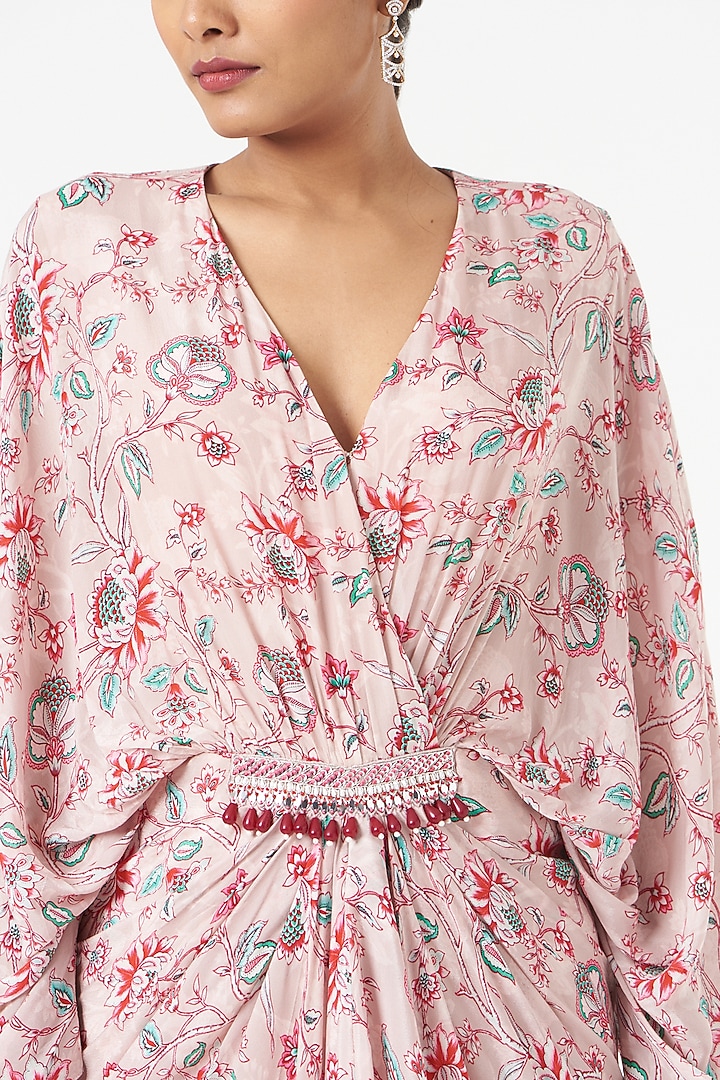 Nude Pink Printed Draped Vacation Dress by Chhavvi Aggarwal at Pernia's Pop Up Shop