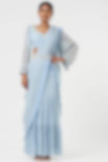 Powder Blue Georgette Pre-Draped Wedding Saree Set by Chhavvi Aggarwal at Pernia's Pop Up Shop