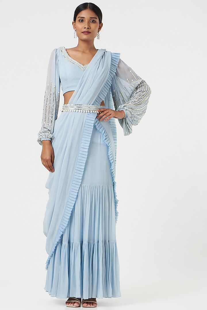 Powder Blue Georgette Pre-Draped Wedding Saree Set by Chhavvi Aggarwal at Pernia's Pop Up Shop