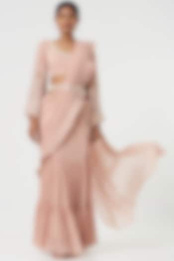 Nude Pink Georgette Pre-Draped Wedding Saree Set by Chhavvi Aggarwal at Pernia's Pop Up Shop