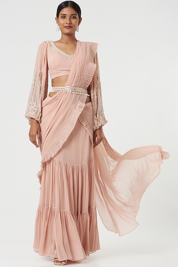 Nude Pink Georgette Pre-Draped Wedding Saree Set by Chhavvi Aggarwal at Pernia's Pop Up Shop