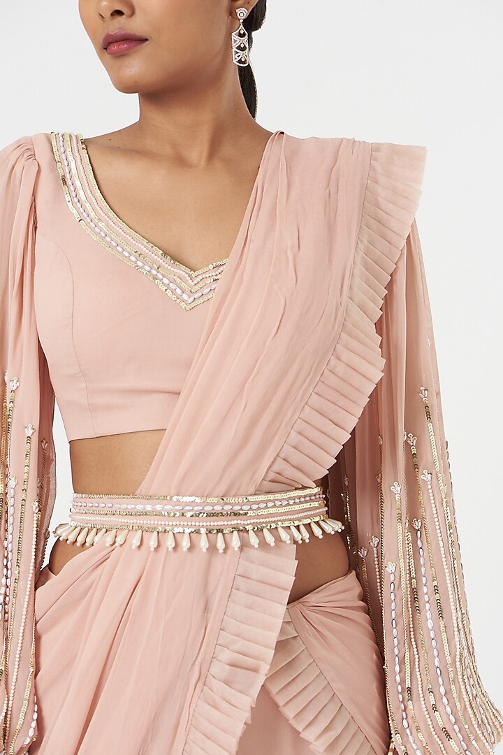 Nude Pre Draped Floral Ruffle Saree Set