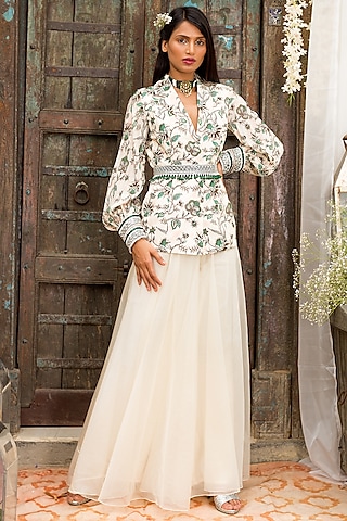 Off White Printed Jacket Set by Chhavvi Aggarwal