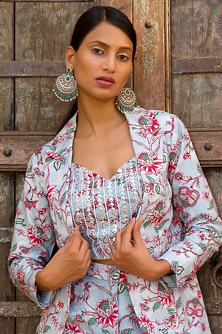Powder Blue Printed Pant Set by Chhavvi Aggarwal at Pernia's Pop Up Shop