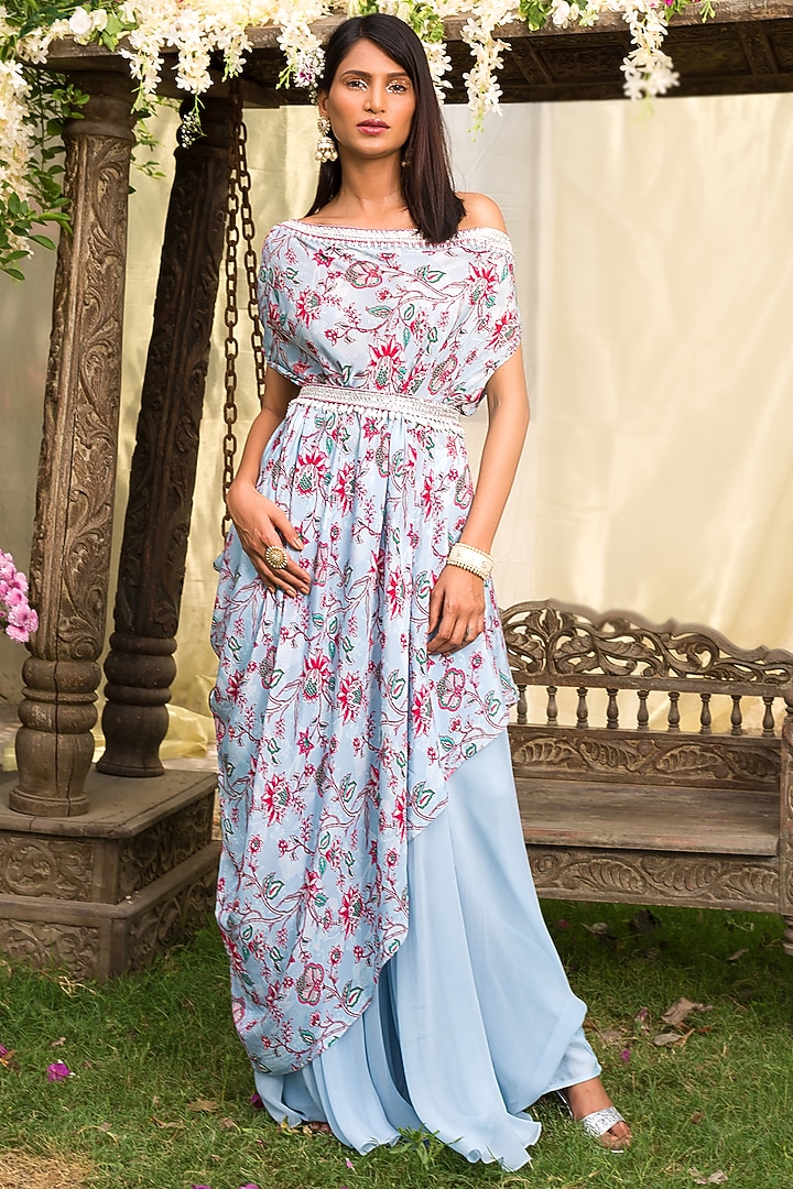 Powder Blue Georgette Pant Set by Chhavvi Aggarwal at Pernia's Pop Up Shop
