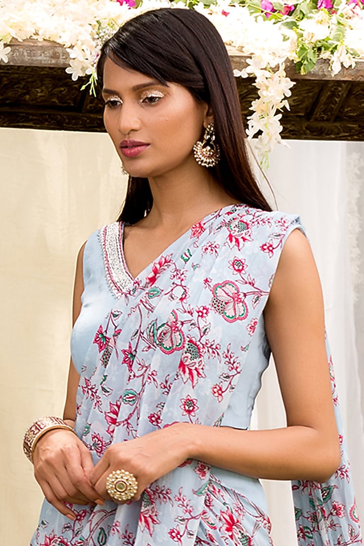 Powder Blue Crepe Printed Pant Party Wear Saree Set by Chhavvi Aggarwal at Pernia's Pop Up Shop