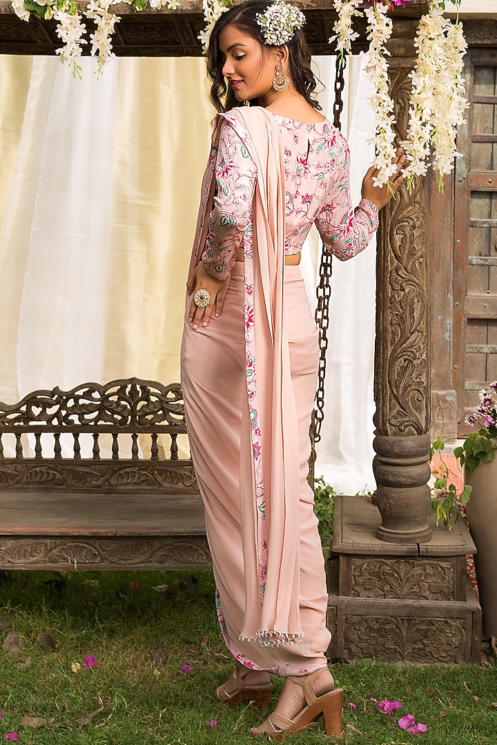Nude Pink Georgette Pant Party Wear Saree Set by Chhavvi Aggarwal at Pernia's Pop Up Shop