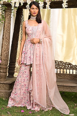 Nude Pink Printed Sharara Set by Chhavvi Aggarwal