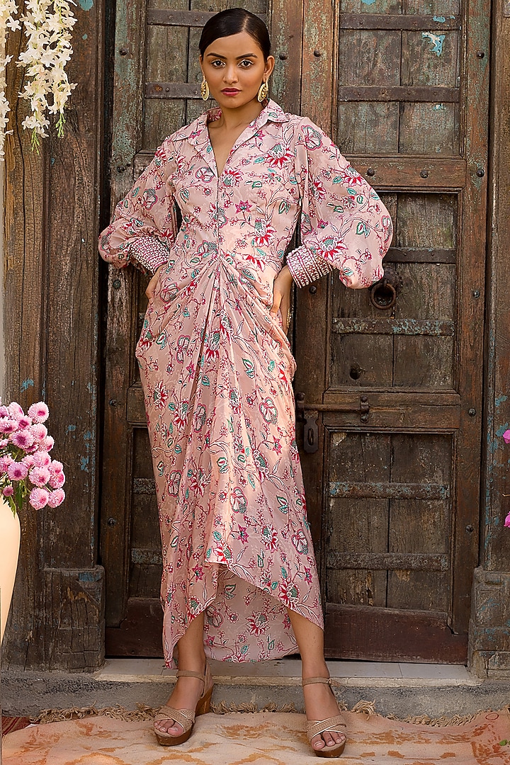 Nude Pink Embroidered Shirt Dress by Chhavvi Aggarwal