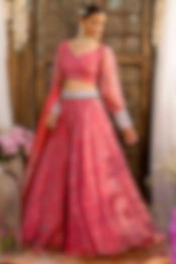 Coral Printed Wedding Lehenga Set by Chhavvi Aggarwal at Pernia's Pop Up Shop