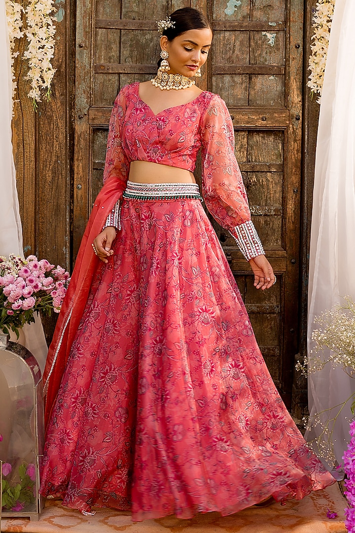 Coral Printed Wedding Lehenga Set by Chhavvi Aggarwal at Pernia's Pop Up Shop