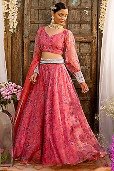 Coral Printed Lehenga Set by Chhavvi Aggarwal-VOLUMINOUS SLEEVES