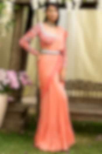 Coral Georgette Pre-Draped Saree by Chhavvi Aggarwal