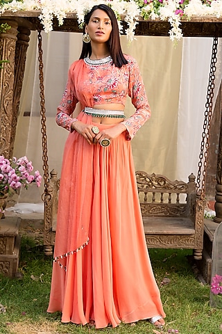 Coral Georgette Palazzo Pant Set by Chhavvi Aggarwal