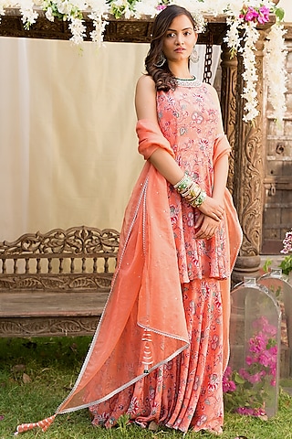 Coral Printed Sharara Set by Chhavvi Aggarwal