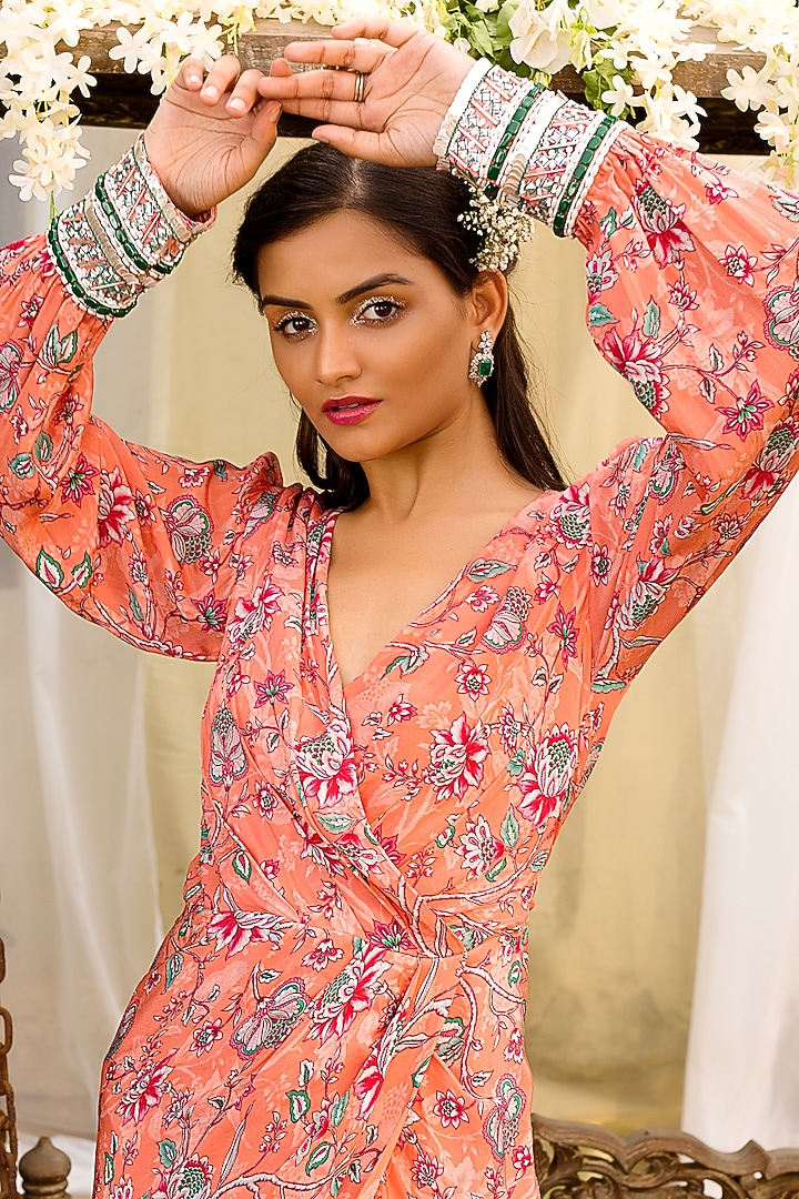 Coral Embroidered Draped Vacation Dress by Chhavvi Aggarwal at Pernia's Pop Up Shop
