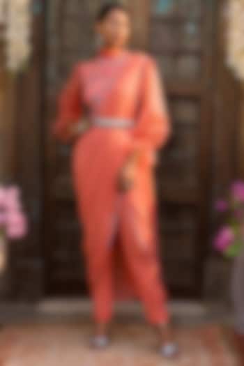 Coral Georgette Pant Party Wear Saree Set by Chhavvi Aggarwal at Pernia's Pop Up Shop