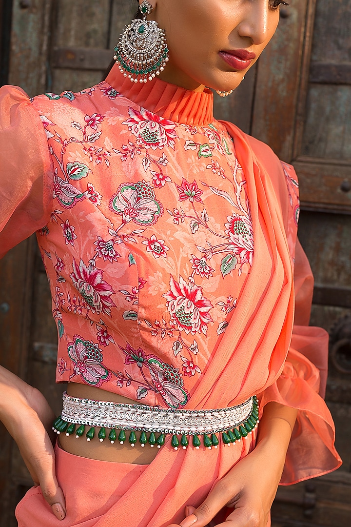 Coral Georgette Pant Party Wear Saree Set by Chhavvi Aggarwal at Pernia's Pop Up Shop