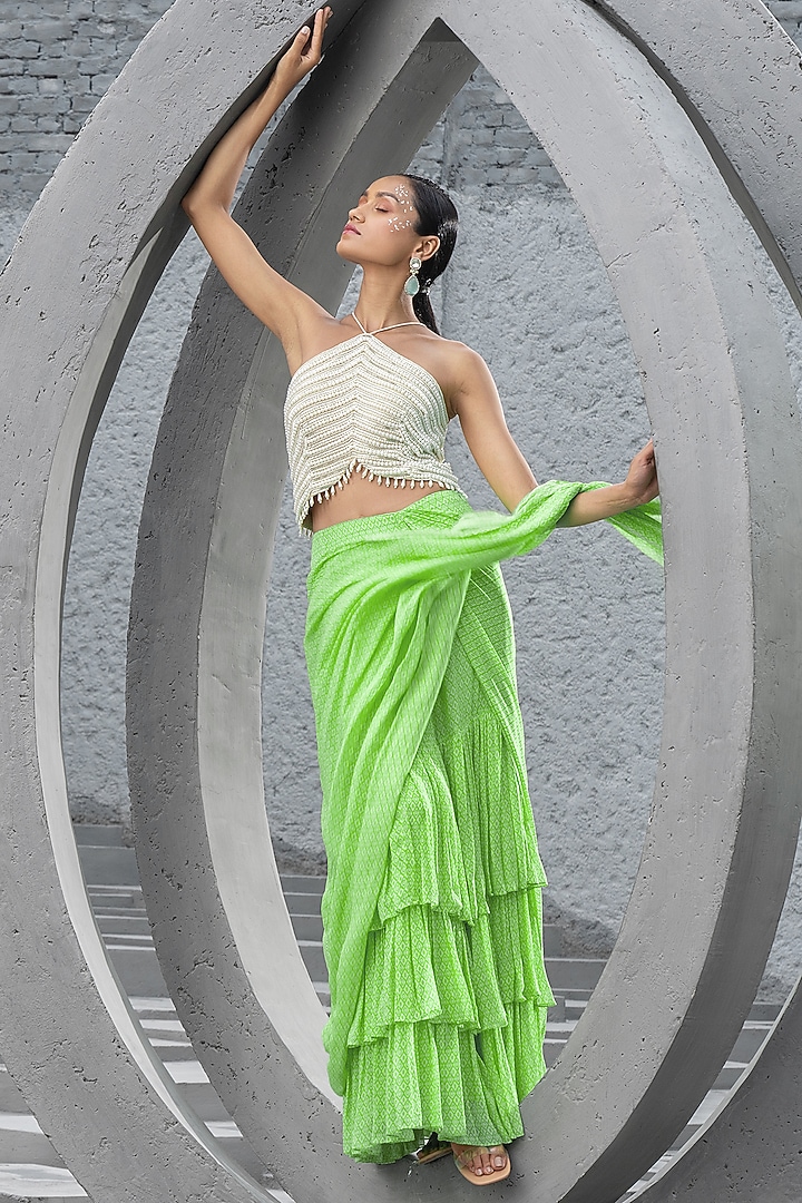 Lime Green Georgette Printed Pre-Stitched Wedding Saree Set by Chhavvi Aggarwal at Pernia's Pop Up Shop