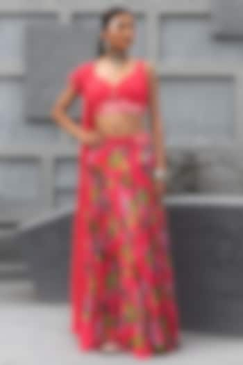 Raspberry Pink Crepe Printed Wedding Lehenga Set by Chhavvi Aggarwal at Pernia's Pop Up Shop