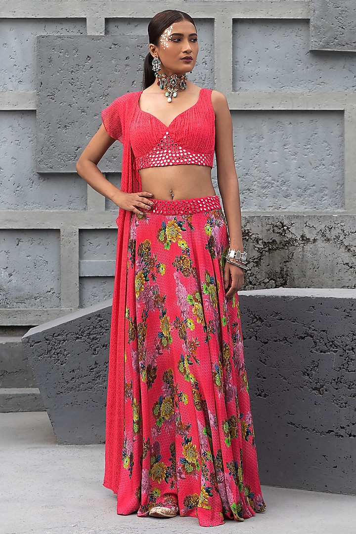 Raspberry Pink Crepe Printed Wedding Lehenga Set by Chhavvi Aggarwal at Pernia's Pop Up Shop