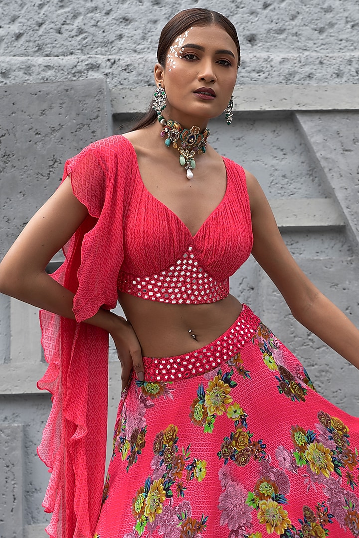 Raspberry Pink Crepe Printed Wedding Lehenga Set by Chhavvi Aggarwal at Pernia's Pop Up Shop