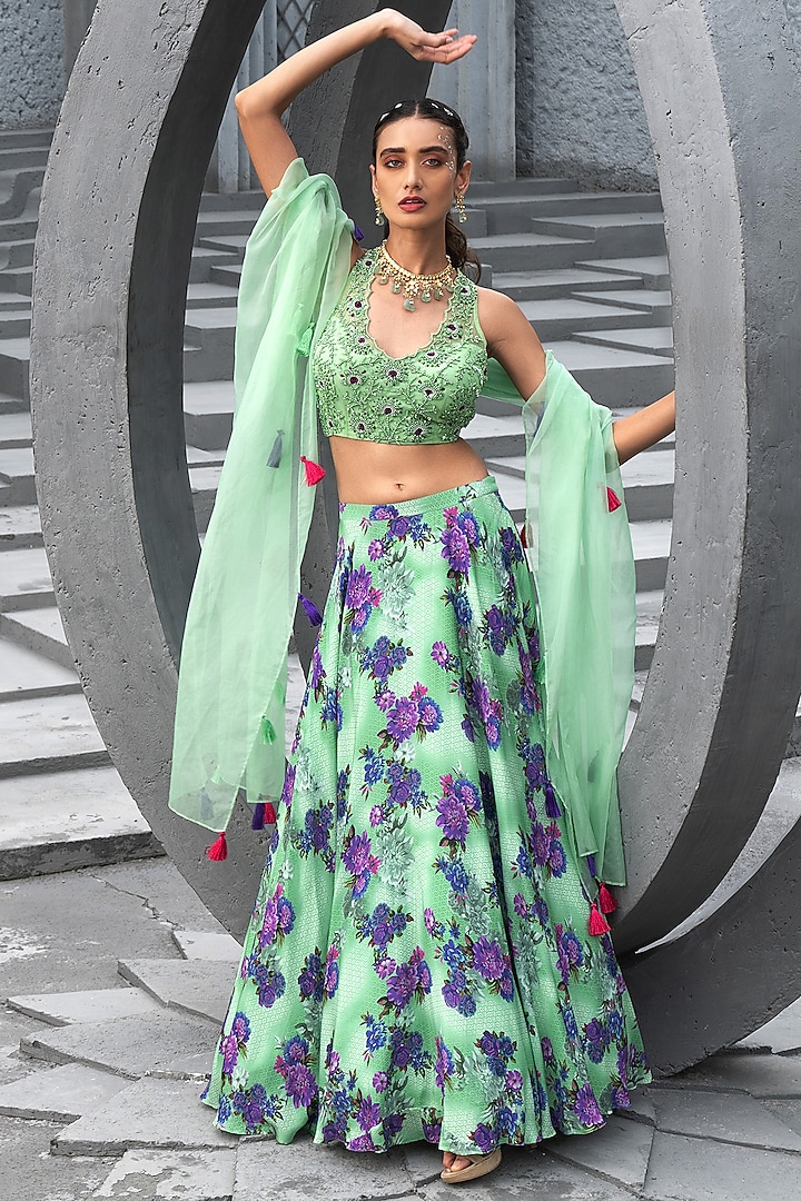 Sea Green Crepe Printed Wedding Lehenga Set by Chhavvi Aggarwal at Pernia's Pop Up Shop