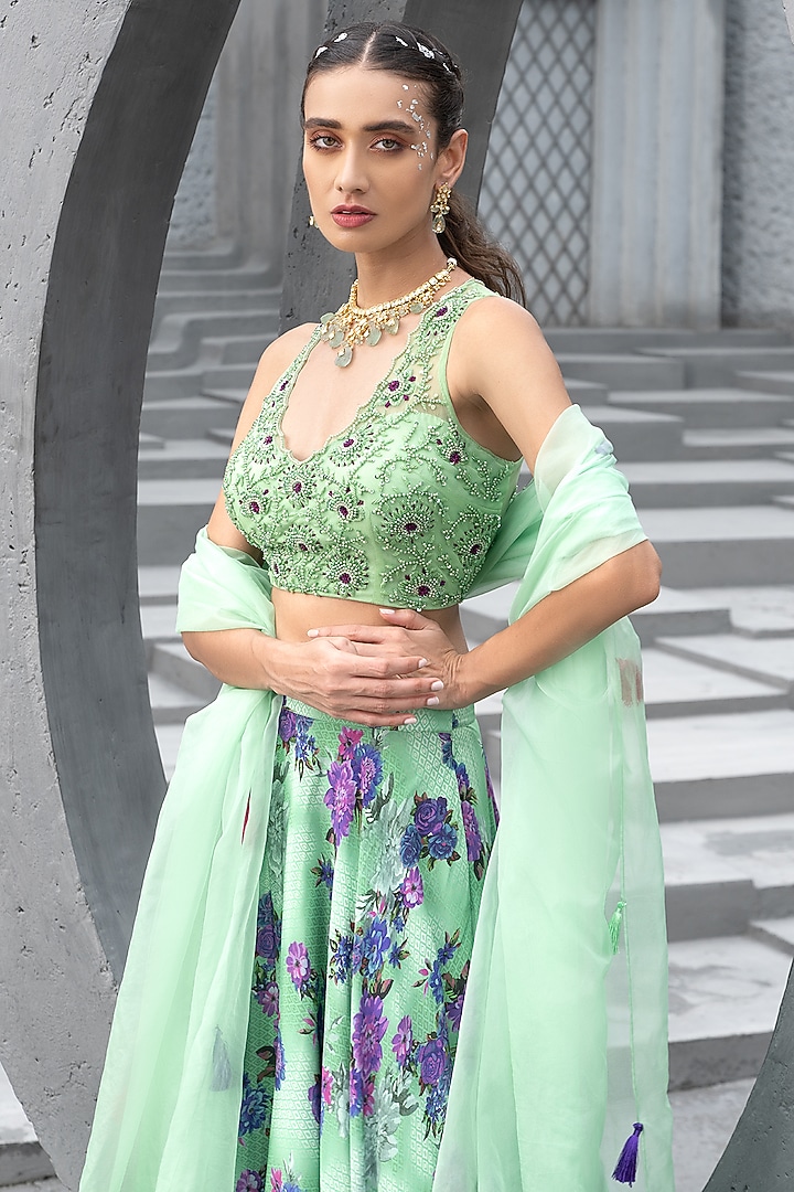 Sea Green Crepe Printed Wedding Lehenga Set by Chhavvi Aggarwal at Pernia's Pop Up Shop
