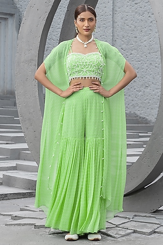 Lime Green Georgette Printed Sharara Set by Chhavvi Aggarwal