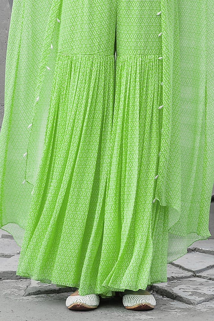 Lime Green Georgette Printed Wedding Sharara Set by Chhavvi Aggarwal at Pernia's Pop Up Shop