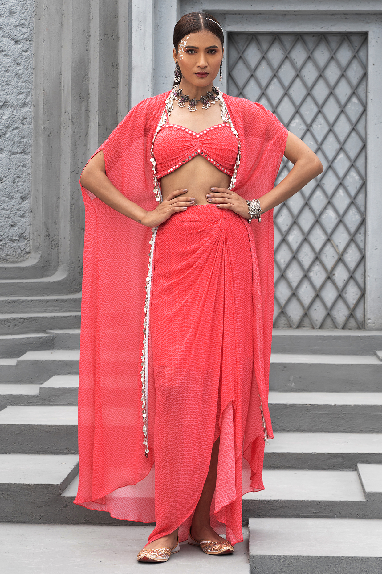 Raspberry Pink Georgette Printed Skirt Set by Chhavvi Aggarwal at Pernia's Pop Up Shop
