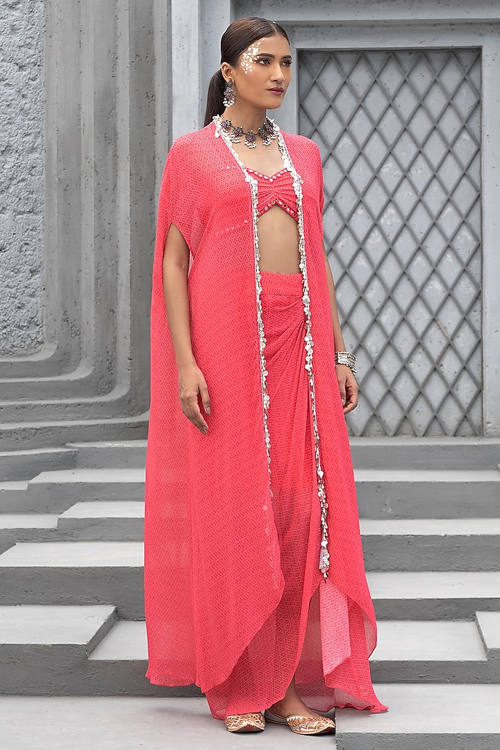 Raspberry Pink Georgette Printed Skirt Set by Chhavvi Aggarwal at Pernia's Pop Up Shop