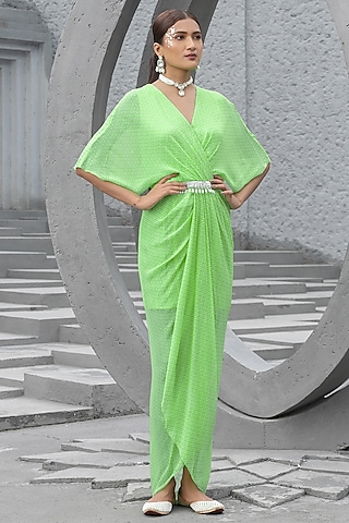 Lime Green Georgette Printed Maxi Dress by Chhavvi Aggarwal
