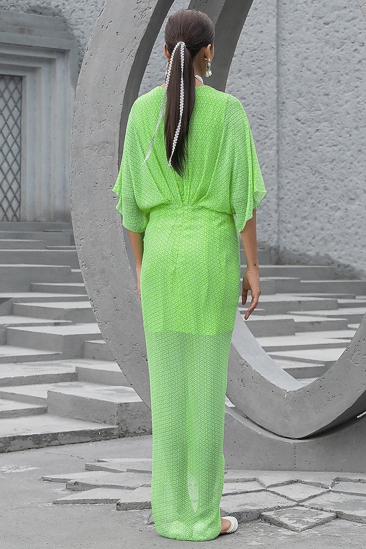 Lime Green Georgette Printed Maxi Vacation Dress by Chhavvi Aggarwal at Pernia's Pop Up Shop