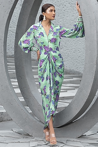Sea Green Crepe Printed Midi Shirt Dress by Chhavvi Aggarwal