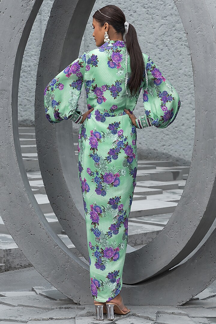 Sea Green Crepe Printed Midi Vacation Shirt Dress by Chhavvi Aggarwal at Pernia's Pop Up Shop
