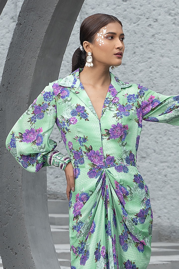 Sea Green Crepe Printed Midi Vacation Shirt Dress by Chhavvi Aggarwal at Pernia's Pop Up Shop