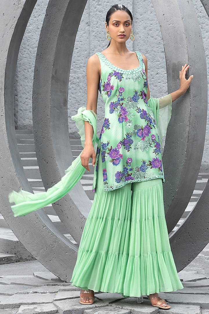 Sea Green Georgette Sharara Set by Chhavvi Aggarwal at Pernia's Pop Up Shop