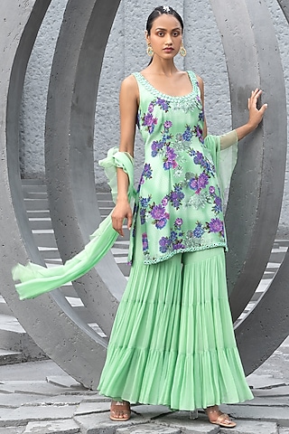 Sea Green Georgette Sharara Set by Chhavvi Aggarwal