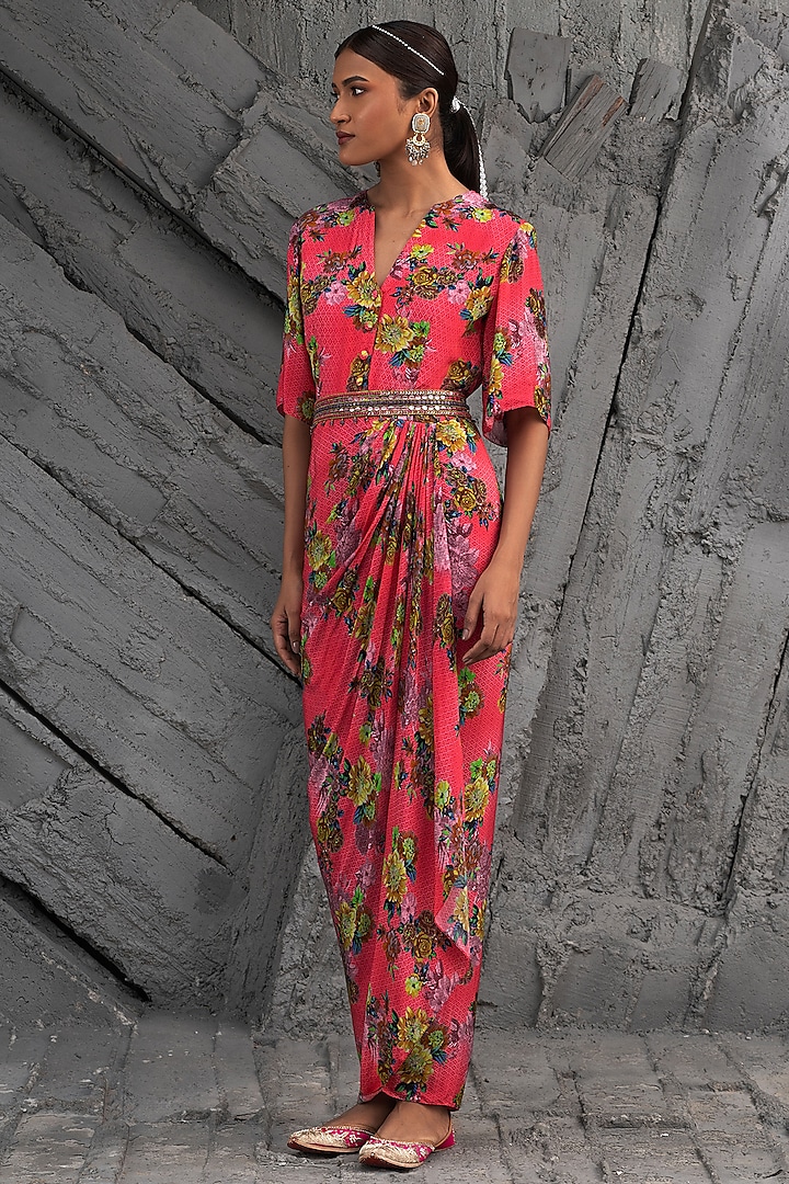 Raspberry Pink Georgette Printed Maxi Dress by Chhavvi Aggarwal