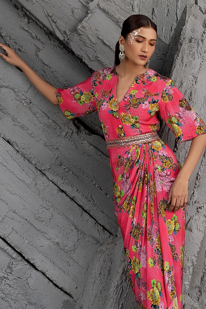 Raspberry Pink Georgette Printed Maxi Vacation Dress by Chhavvi Aggarwal at Pernia's Pop Up Shop