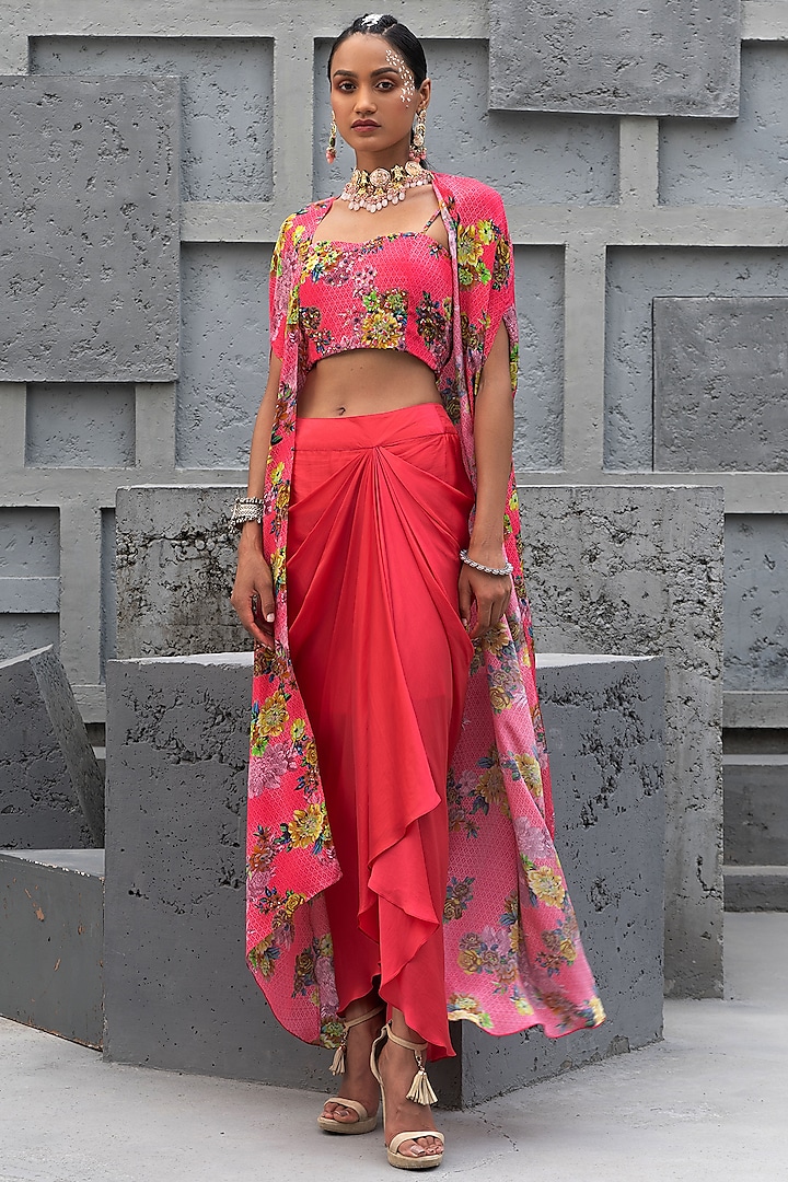 Raspberry Pink Bemberg Satin Skirt Set by Chhavvi Aggarwal at Pernia's Pop Up Shop