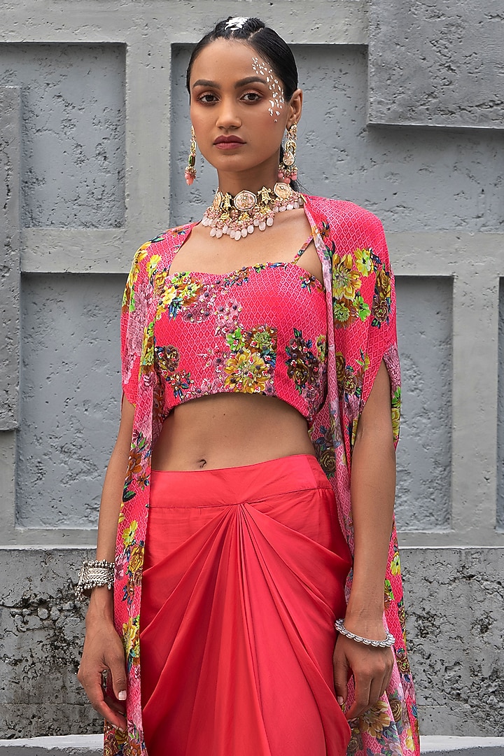 Raspberry Pink Bemberg Satin Skirt Set by Chhavvi Aggarwal at Pernia's Pop Up Shop