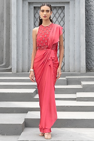 Raspberry Pink Bemberg Satin Embroidered Gown by Chhavvi Aggarwal